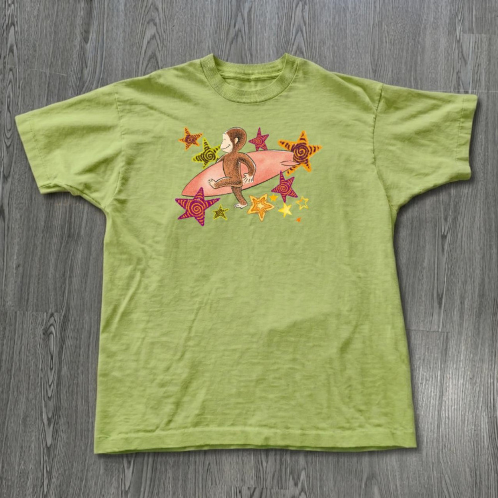 Green Curious George Surfing With Colorful Stars Graphic Tee